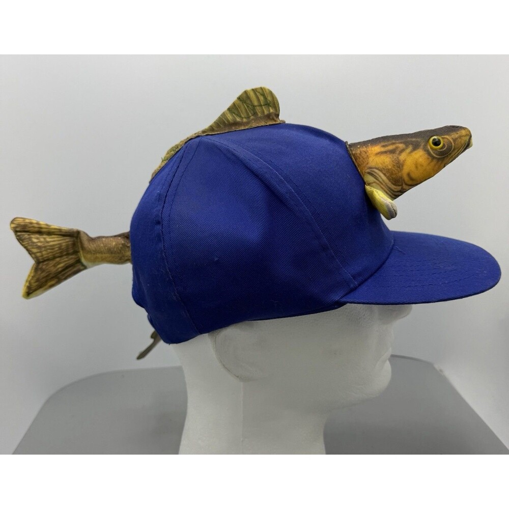 Vintage Rare Fish Head Fishing Blue Cap Hat Snapback 100% Cotton